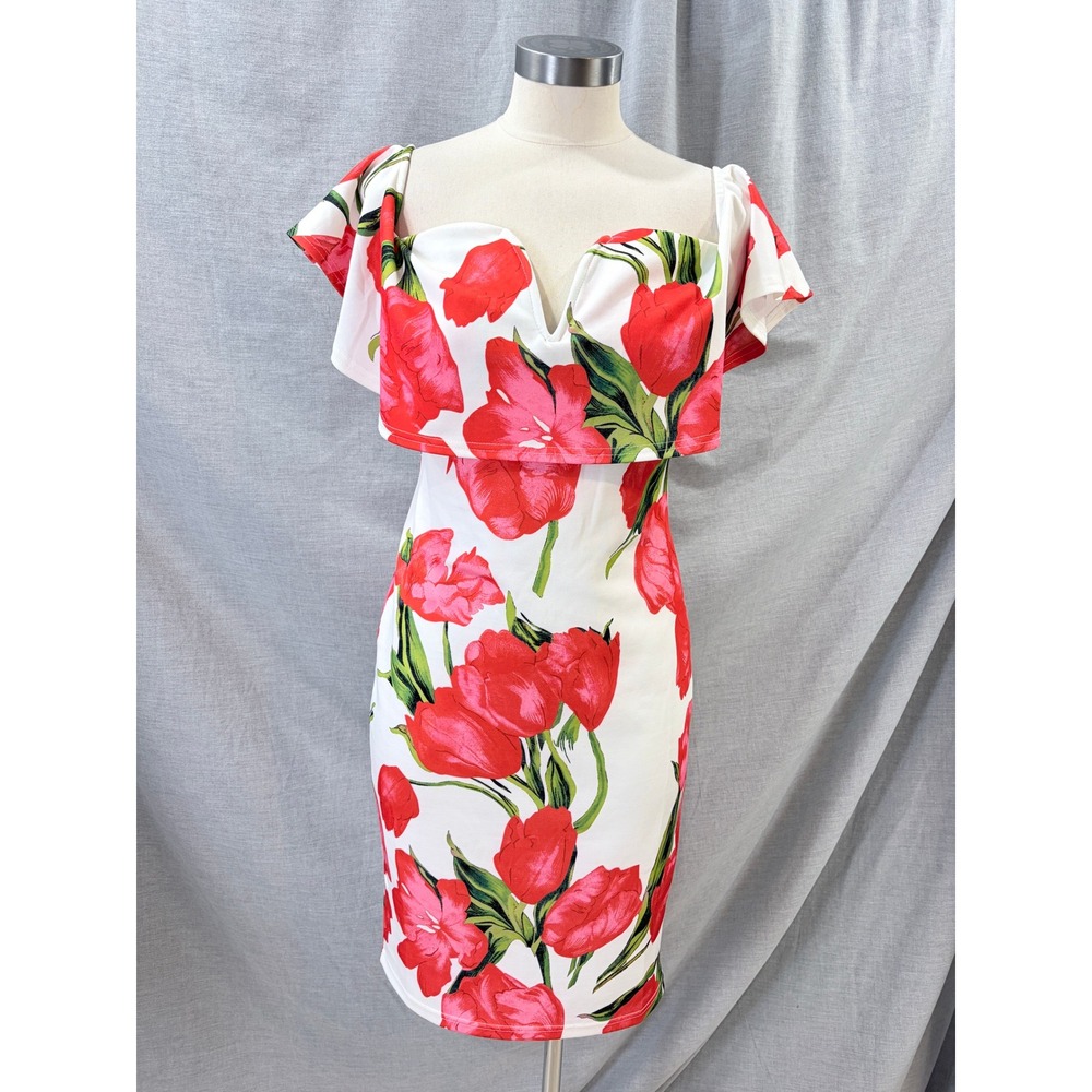 Banjul White Red Tulip Floral Off Shoulder Ruffle V-Notch Bodycon Dress M